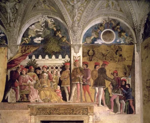 Marchese Ludovico Gonzaga III von Mantua (reg. 1444-78), seine Frau Barbara von Brandenburg, Kinder, Höflinge und ihr Hund Rubino, aus der Camera degli Sposi oder Camera Picta, 1465-74 (Detail)